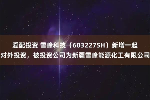 爱配投资 雪峰科技（603227SH）新增一起对外投资，被投资公司为新疆雪峰能源化工有限公司